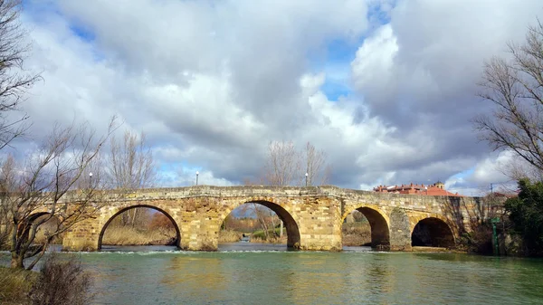 bridge over the river Cea in the vicinity of the city Sahagun, Spain. Silent river, sunny day, cloudy sky.