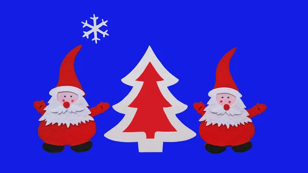手工制作的圣诞构图。在蓝色背景上用毛毡和胶合板粘合的手套绘制圣诞老人和新年树 — 图库照片