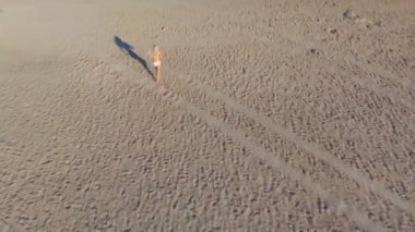 Beyaz bikinili sarışın bir kızın uçan drone'undan arkadan havadan çekilen en iyi görüntü, plajın kumları boyunca suya doğru uzanıyor. Uzun gölgeler. Sabah ın erken saatlerinde. Ses yok.