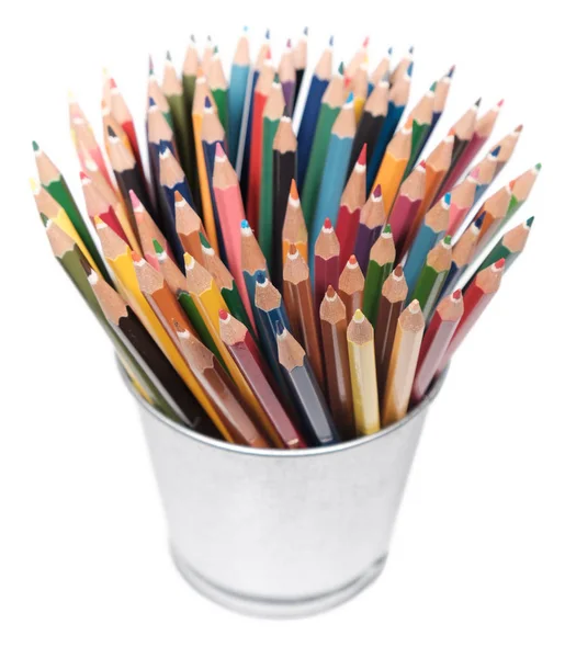 Color Pencil Iron Steel Bucket White Background Copy Space — Stock Photo, Image