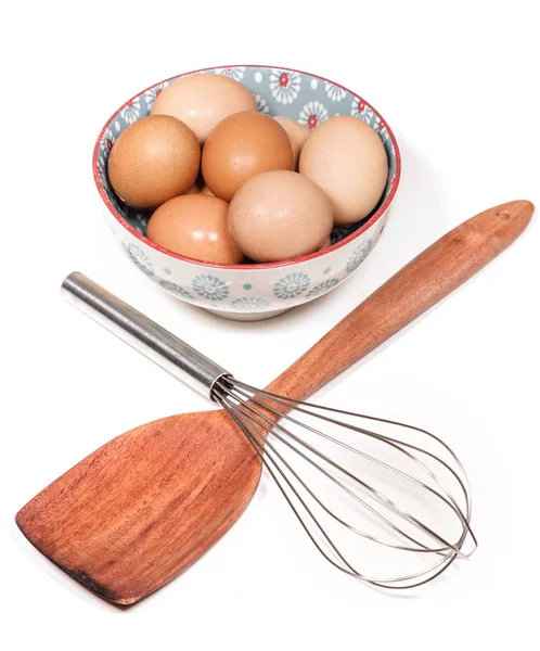 Eggs Bowl Wooden Turner Utensil — Stock Photo, Image