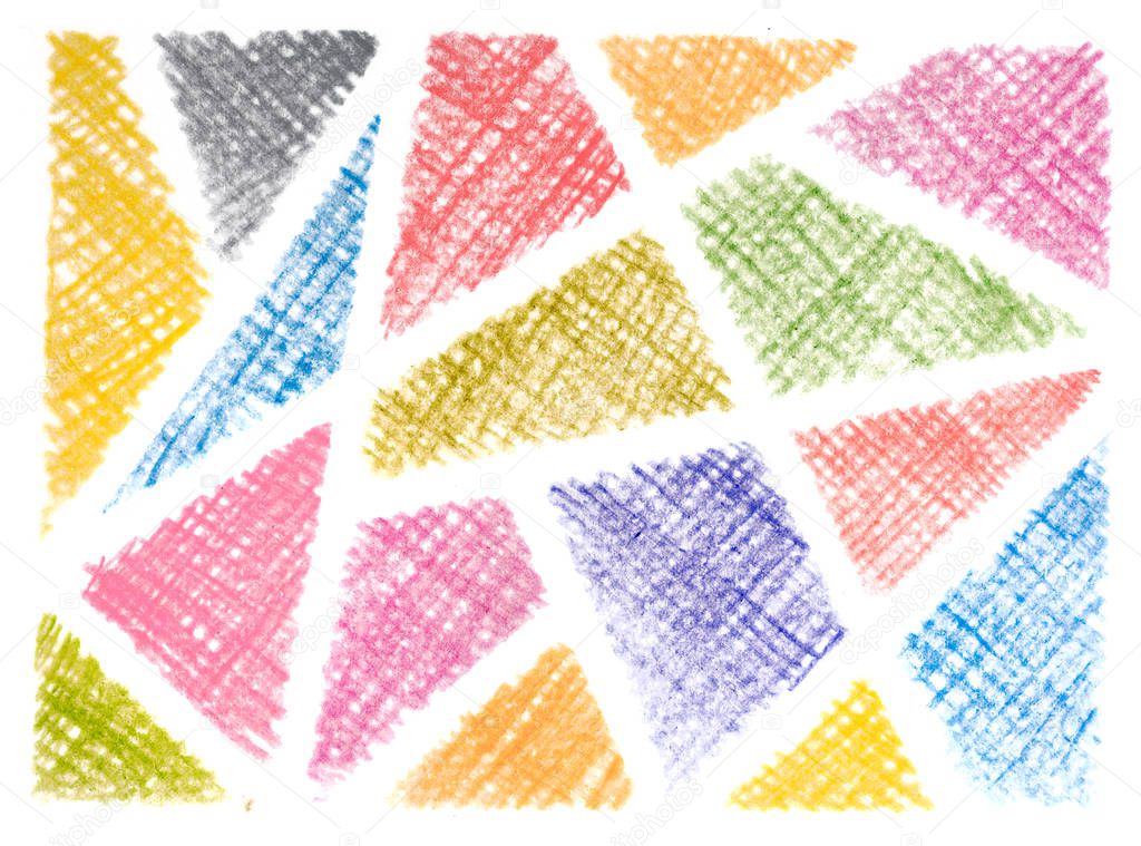 Messy color pencil drawing scribble line in triangle shape background white