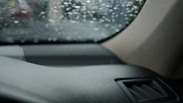 Close Car Panel Raindrops Background Raining Season — Stock Video