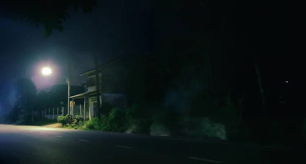 Old Wooden House Smoke Night Horror Scene — Stock Photo, Image