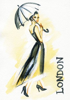 Güzel kadın. Moda çizimi. suluboya resim
