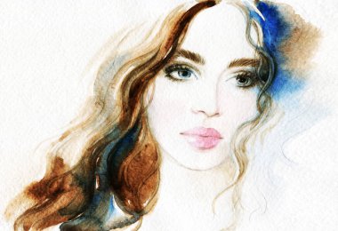 Güzel kadın. Moda çizimi. suluboya resim