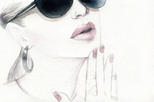 Beautiful Woman Fashion Illustration Watercolor Painting — Stock Photo, Image