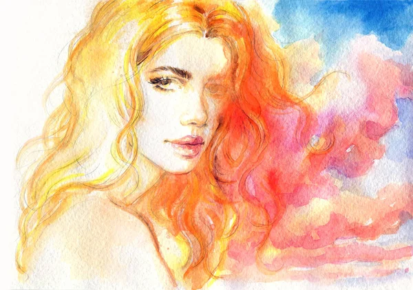 Vacker Kvinna Mode Illustration Akvarellmålning — Stockfoto