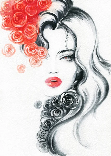 Güzel kadın. Moda çizimi. suluboya resim