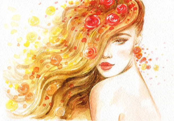 Beautiful Woman Fashion Illustration Watercolor Painting — Stock Photo, Image