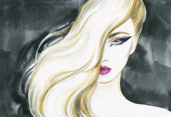 Beautiful Woman Fashion Illustration Watercolor Painting — Stock Photo, Image