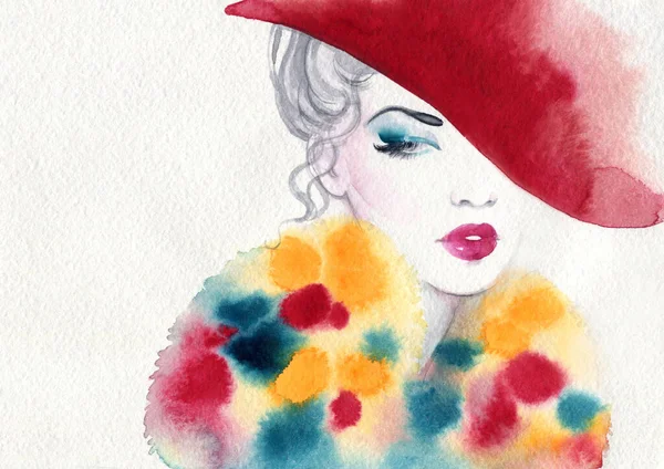 Beautiful Woman Fashion Illustration Watercolor Painting — Stock Photo, Image