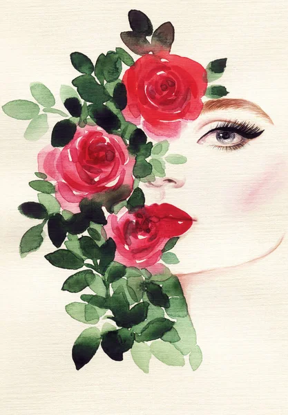 Vacker Kvinna Mode Illustration Akvarellmålning — Stockfoto