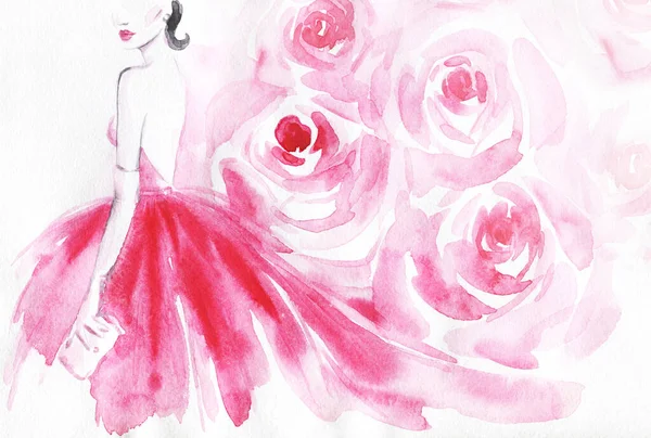 Uma Mulher Linda Ilustração Moda Pintura Aquarela — Fotografia de Stock