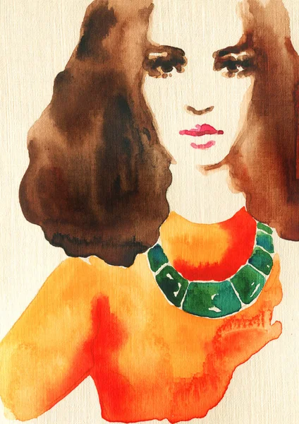 Beautiful Woman Fashion Illustration Watercolor Painting — Stock Photo, Image