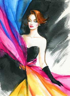 Güzel kadın. Moda çizimi. suluboya resim
