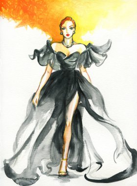 Güzel kadın. Moda çizimi. suluboya resim
