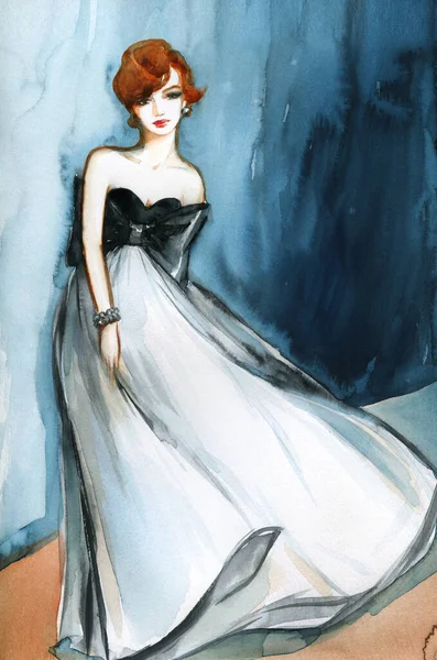 Uma Mulher Linda Ilustração Moda Pintura Aquarela — Fotografia de Stock