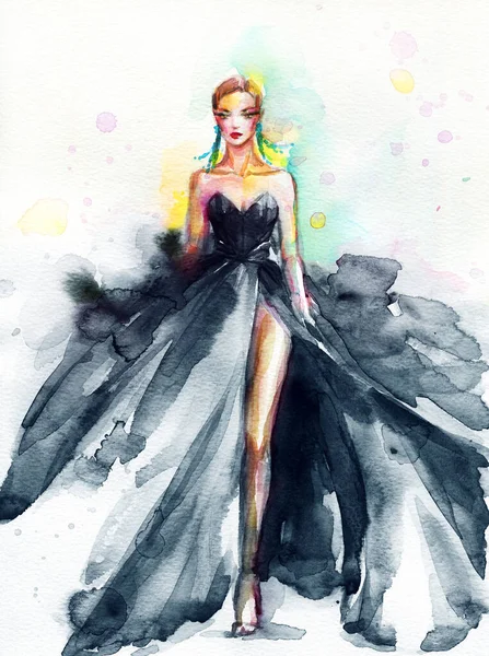 Hermosa Mujer Ilustración Moda Acuarela Pintura — Foto de Stock