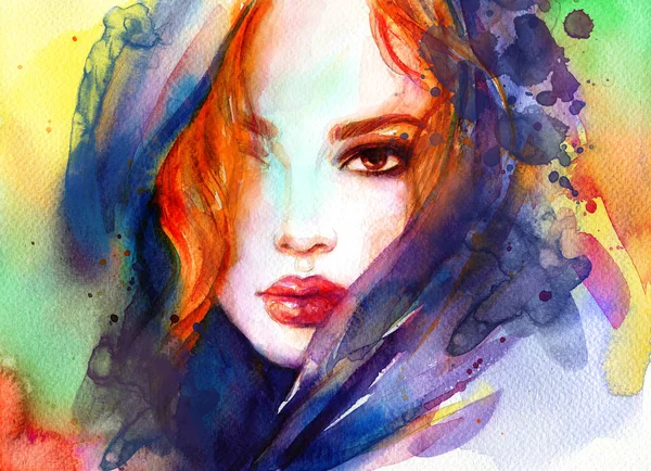 Beautiful Woman Fashion Illustration Watercolor Painting — Stock Photo, Image