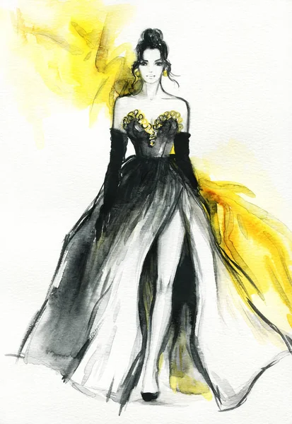 Beautiful Woman Fashion Illustration Watercolor Painting — Stock Photo, Image