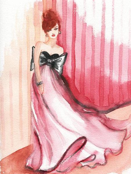 Uma Mulher Linda Ilustração Moda Pintura Aquarela — Fotografia de Stock