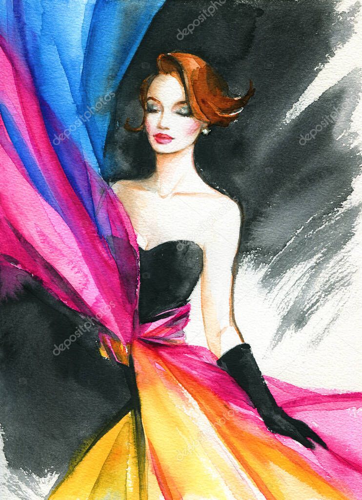 beautiful woman. fashion illustration. watercolor painting