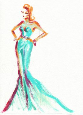 Güzel kadın. Moda çizimi. suluboya resim