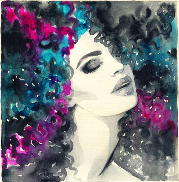 Beautiful Woman Fashion Illustration Watercolor Painting — Stock Photo, Image