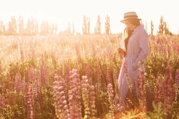 Ragazza gentile in elegante abito estivo con bel cappello di paglia passeggiando nel campo di fiori di lupino in avvertire la luce del tramonto. Copia spazio — Foto Stock