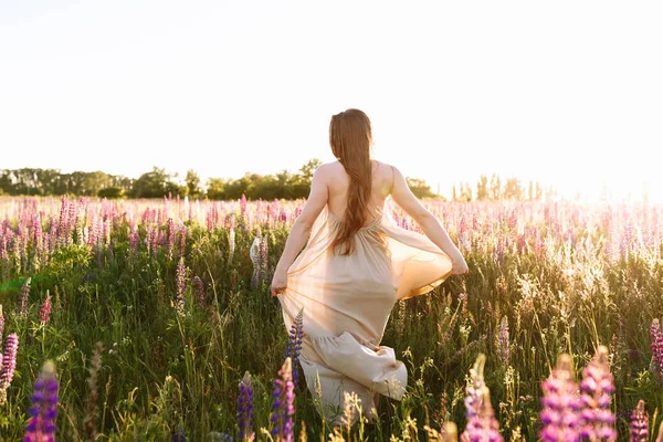 Giovane donna in piedi su un campo di fiori selvatici con alba sullo sfondo — Foto Stock
