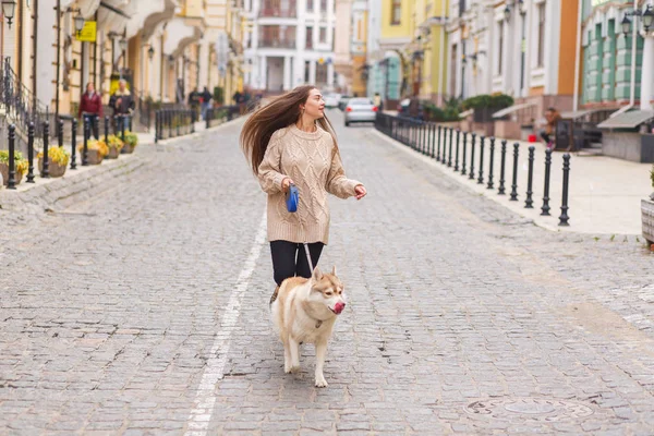 La donna fa una passeggiata con cane husky a giorno di autunno soleggiato su strada di città europea vecchia. Vista orizzontale — Foto Stock