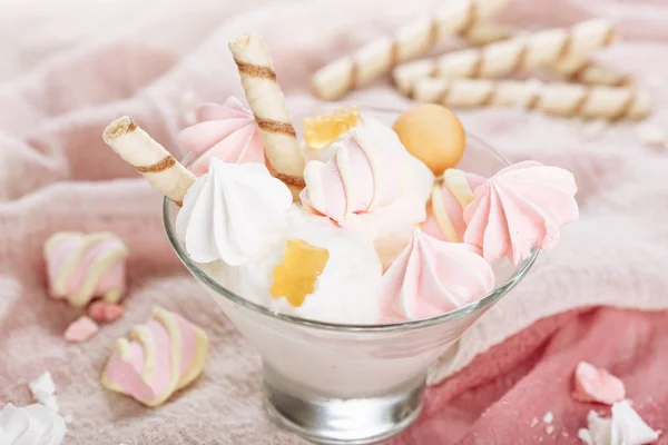 White Ice Cream Pink Vanilla Marshmallow Closeup
