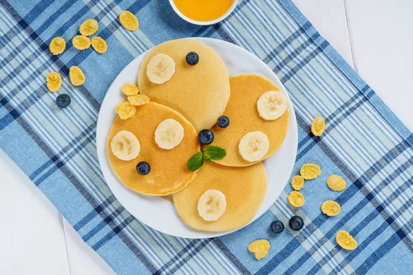 Pancake Plate Blueberry Honey Postre Flat Lay — Foto de Stock