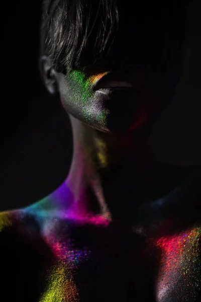 Young Woman Colorful Glitter Posing Studio — Stock Photo, Image