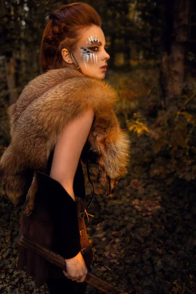 Attractive Female Hunter Tribal Makeup Posing Forest — Stock Photo, Image