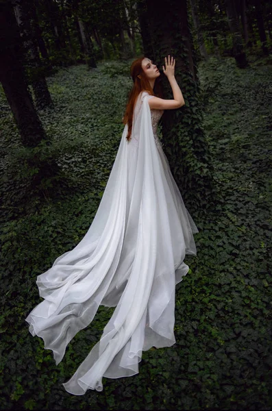 緑の森でポーズをとりながら 白いドレスとケープが木に寄りかかっている魅力的なジンジャーエルフの女性 — ストック写真
