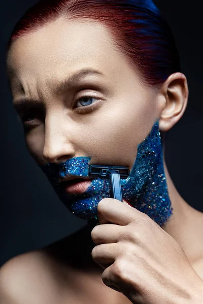 Fashion Photo Woman Shaving Glitter Her Face — kuvapankkivalokuva