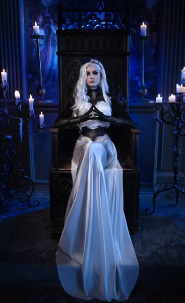 Attractive Blonde Woman Fantasy Costume Dark Queen Sitting Throne Castle — Stock Photo, Image