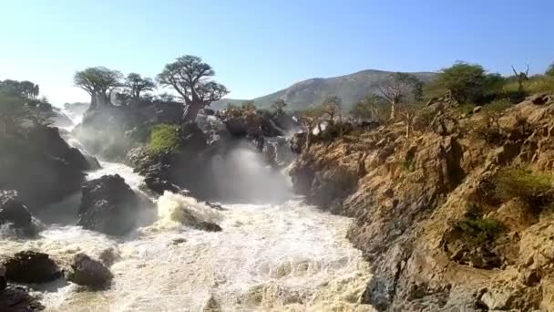 Soluppgång Vattenfallet Epupa Faller Floden Kunene Norra Namibia Och Södra — Stockvideo