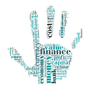 Arka plan kavramı wordcloud illüstrasyon el şeklindeki finans ve iş kelimelerin