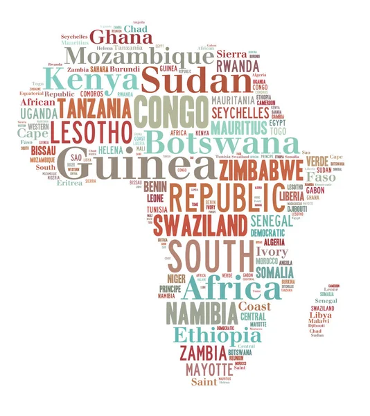 Sketch africa continent from tetx country names, African words cloud in shape of the continent, Map of continent Africa
