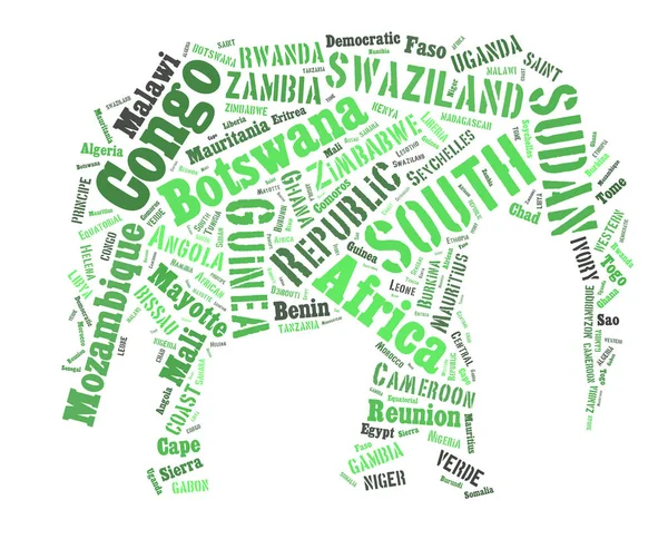 Skica Afrika Země Jména Textu Africké Slova Mrak Tvaru Slona — Stock fotografie