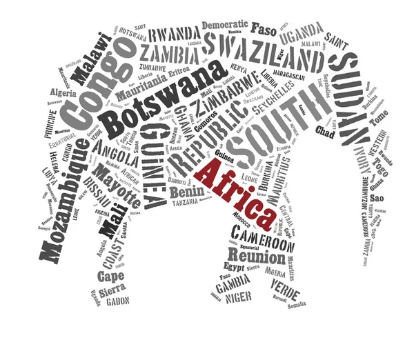 Sketch from Africa country names text, African words cloud in Elephant shape.