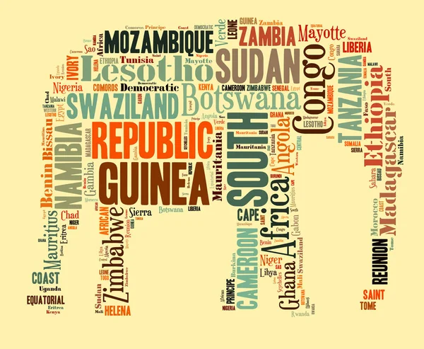 Sketch from Africa country names text, African words cloud in Elephant shape.