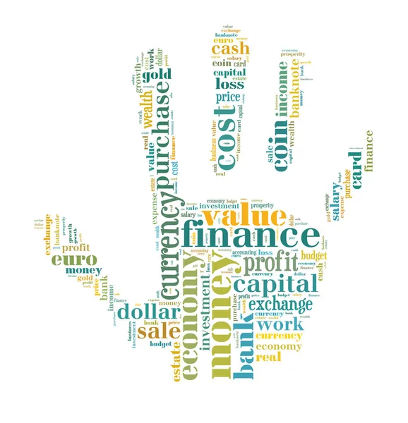 手の形の金融とビジネスの言葉の背景概念 Wordcloud イラスト — ストック写真