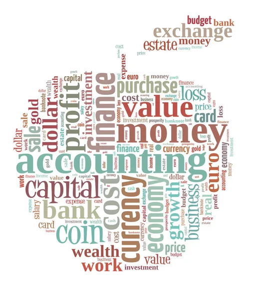背景概念 Wordcloud 金融和商业词汇在苹果形状上的例证 — 图库照片