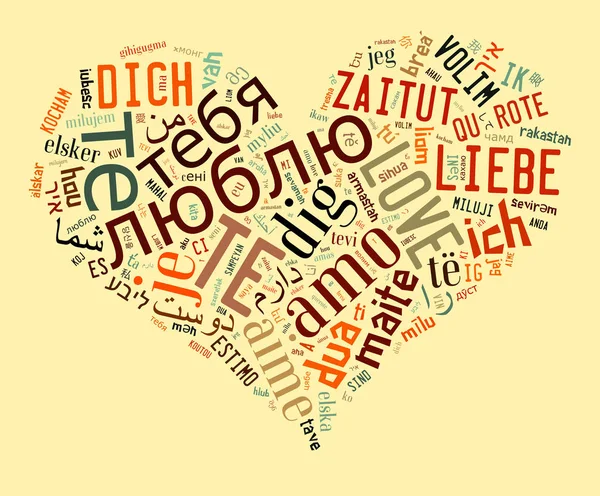 Sevgi Sevgililer Kavram Wordcloud Kalp Şekli Farklı Dillerde Metin Aşık — Stok fotoğraf
