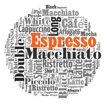 Dizin kahve kelimeler bulut kolaj, afiş arka plan, kahve kavramı top şekli üzerinde içecekler