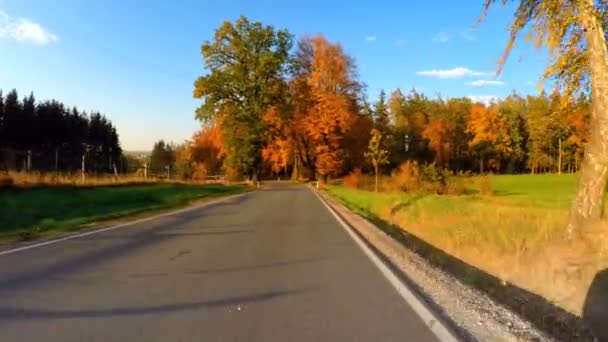 Carro Unidade Paisagem Outono Com Árvores Coloridas Queda Céu Azul — Vídeo de Stock